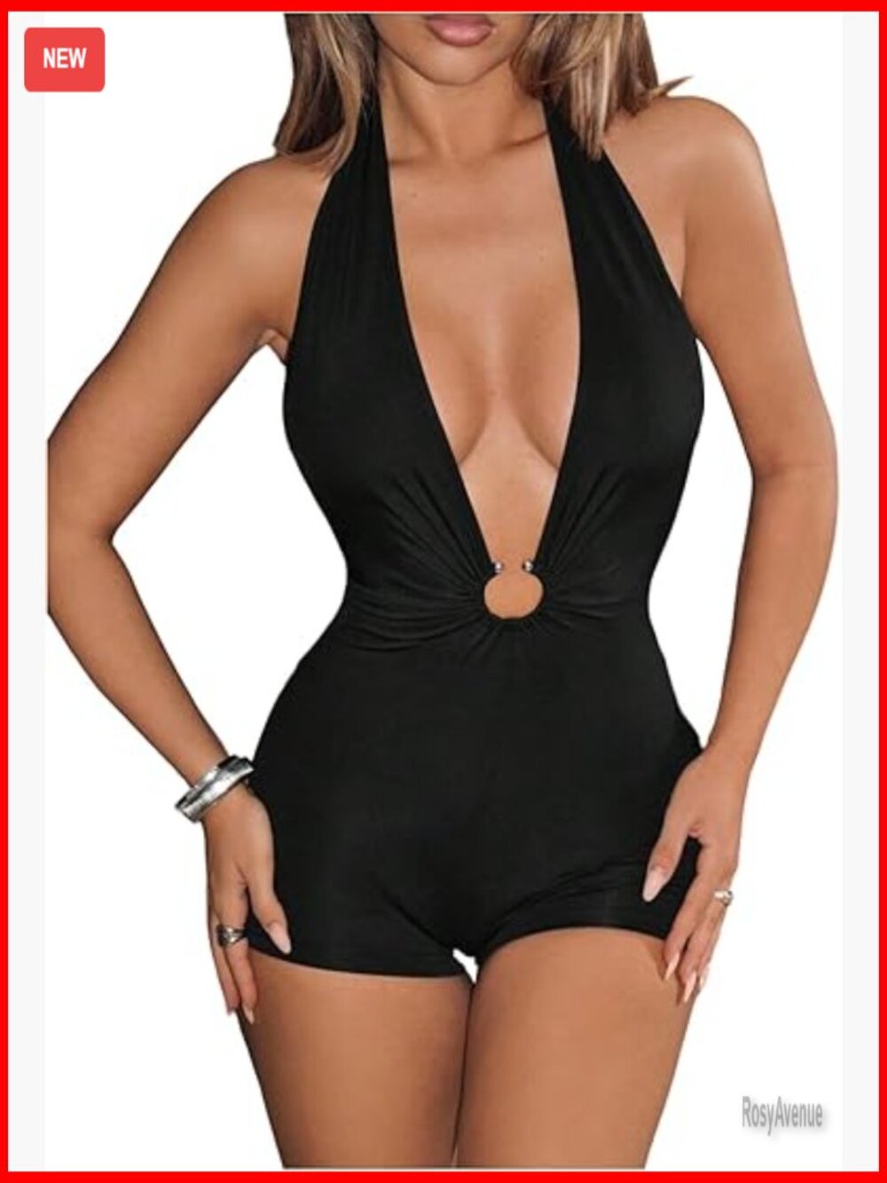 Deep V Neck Sleeveless Romper Ring Decorative Backless Halter Jumpsuit Party